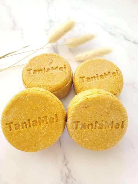 round yellow shampoo bars with logo TaniaMei