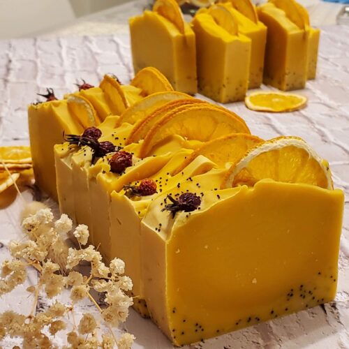 yellow soap bars with citrus and poppy seeds