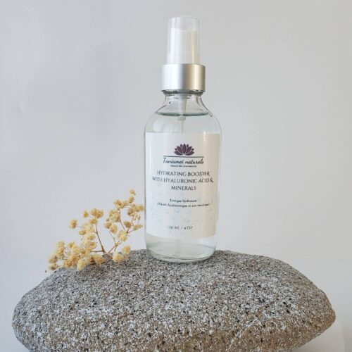 clear glass sprayer bottle with light blue toner